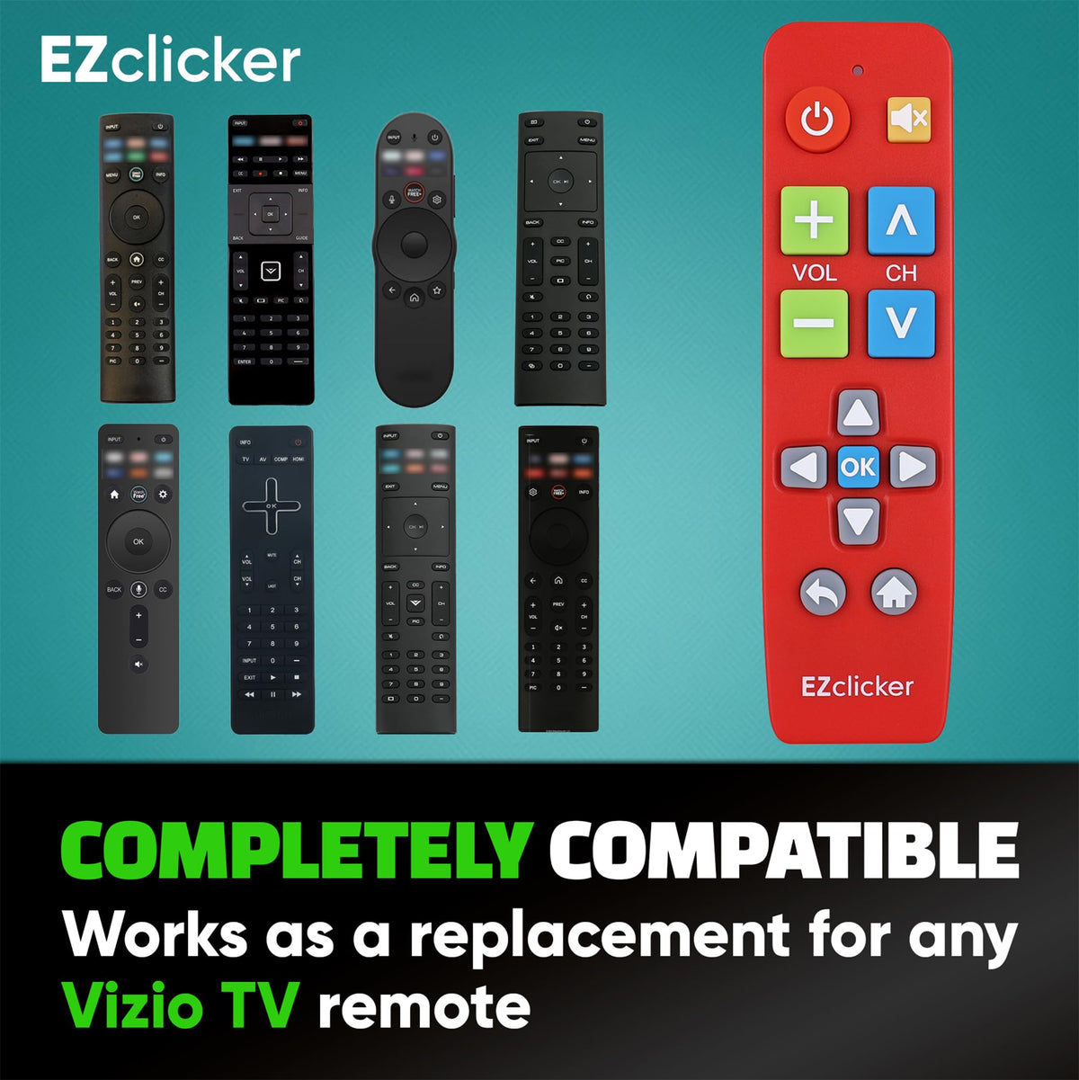EZClicker Vizio remote battery compartment shows quick, tool-free access.