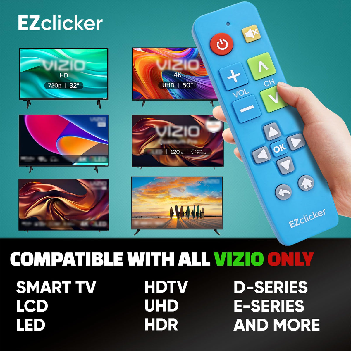 EZClicker Vizio remote blue, compact size fits hand.