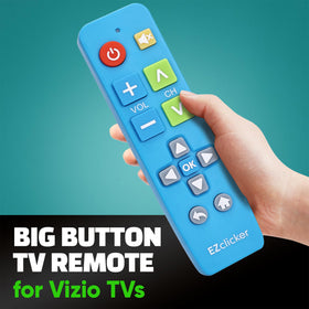 EZClicker Vizio remote blue, no programming needed for quick setup.
