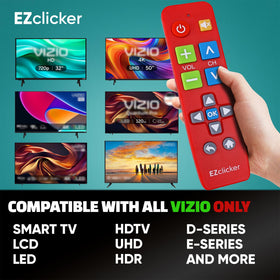EZClicker Vizio remote in hand demonstrates compact, lightweight design.