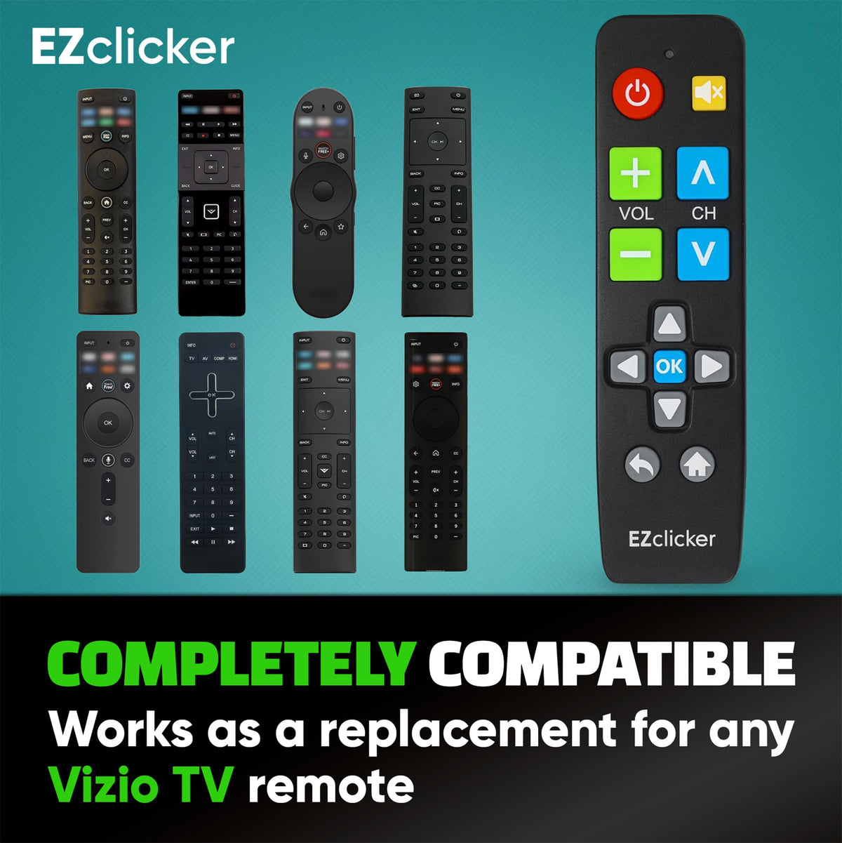 EZClicker Vizio remote in hand, comfortable grip for seniors.