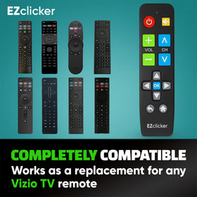 EZClicker Vizio remote in hand, comfortable grip for seniors.
