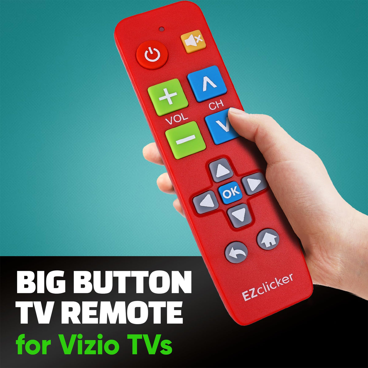 EZClicker Vizio remote side view highlighting oversized enter button for seniors.