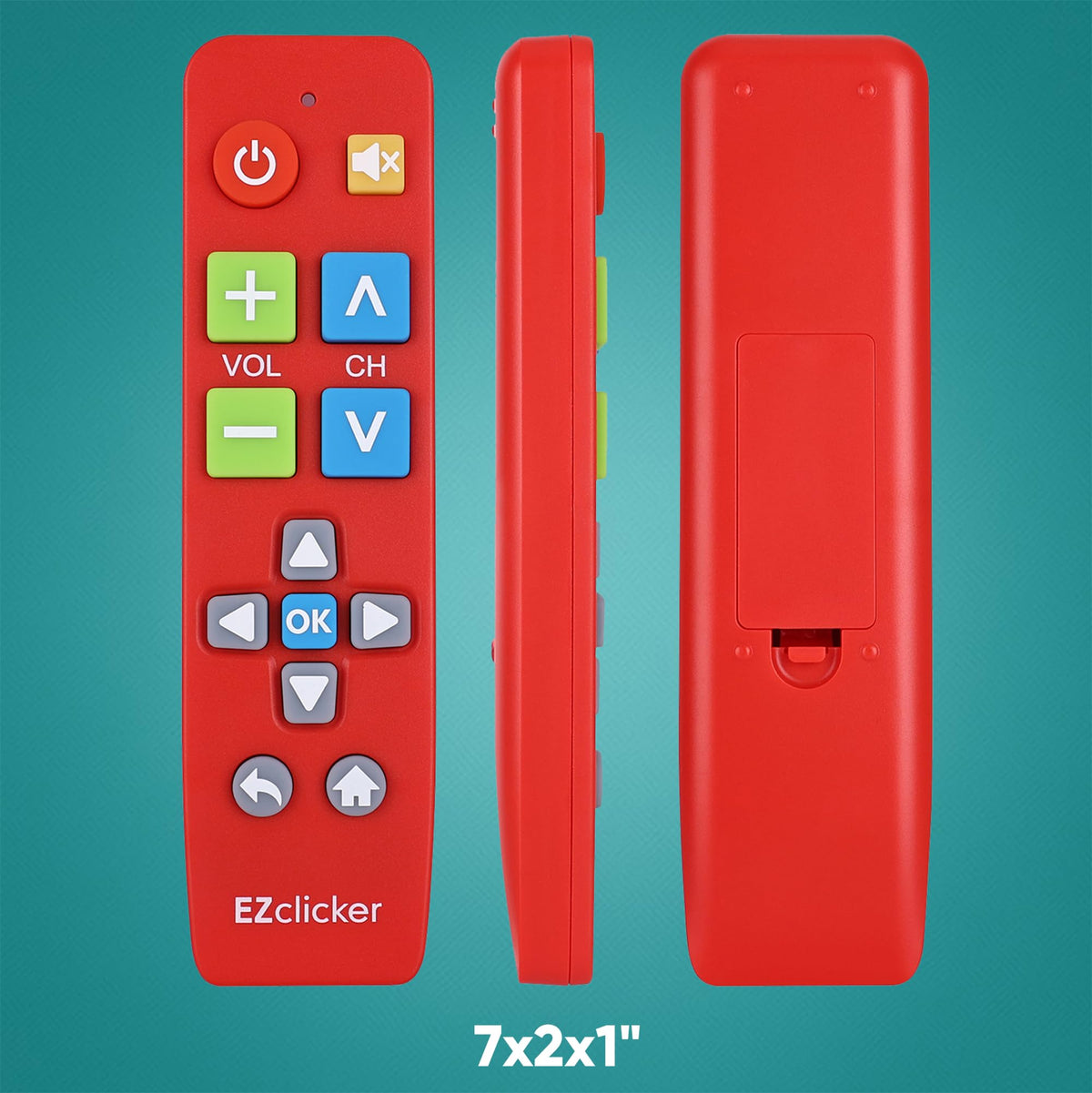 EZClicker Vizio remote close-up reveals tactile, easy-to-press buttons.