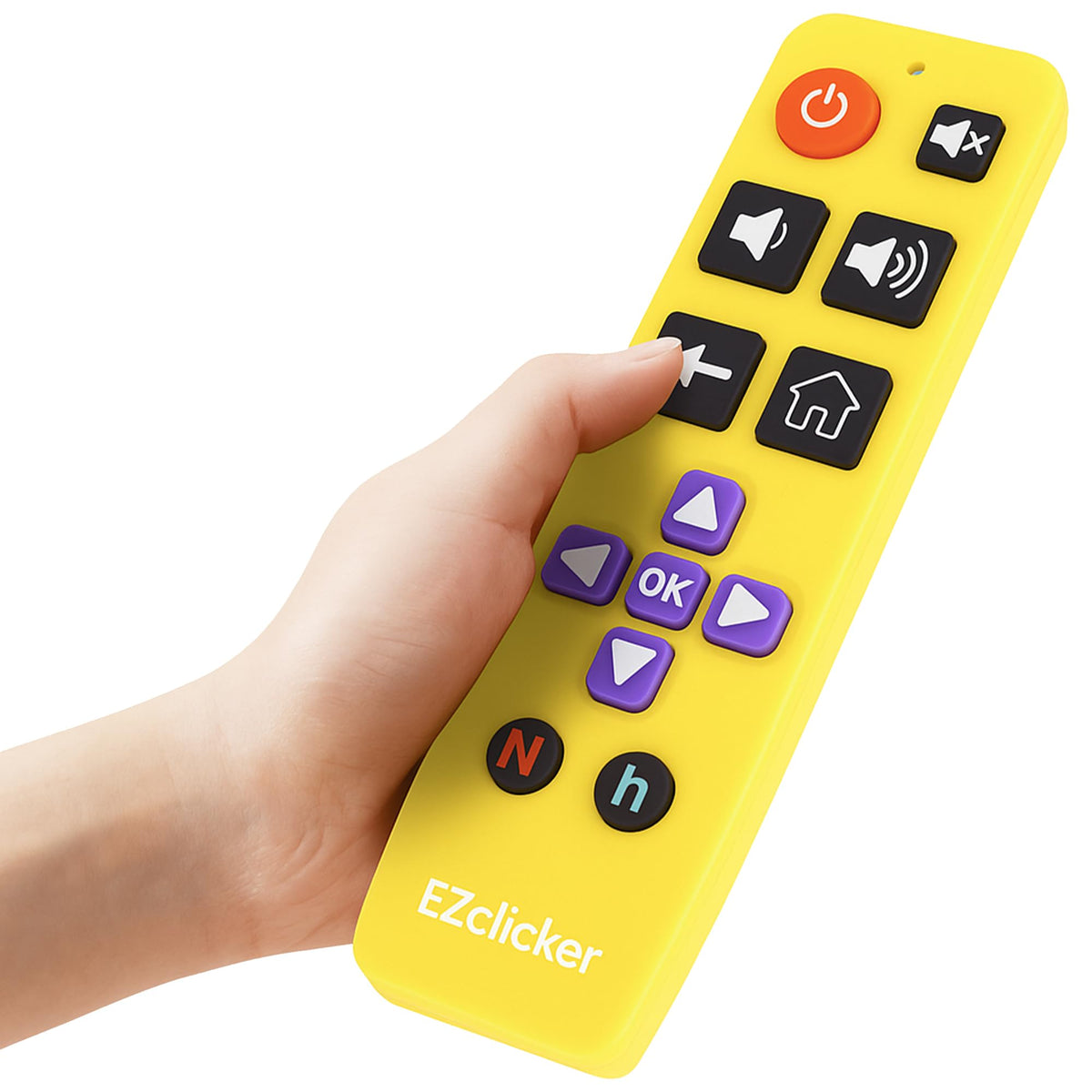EZClicker yellow big-button remote front view, accessible design for seniors