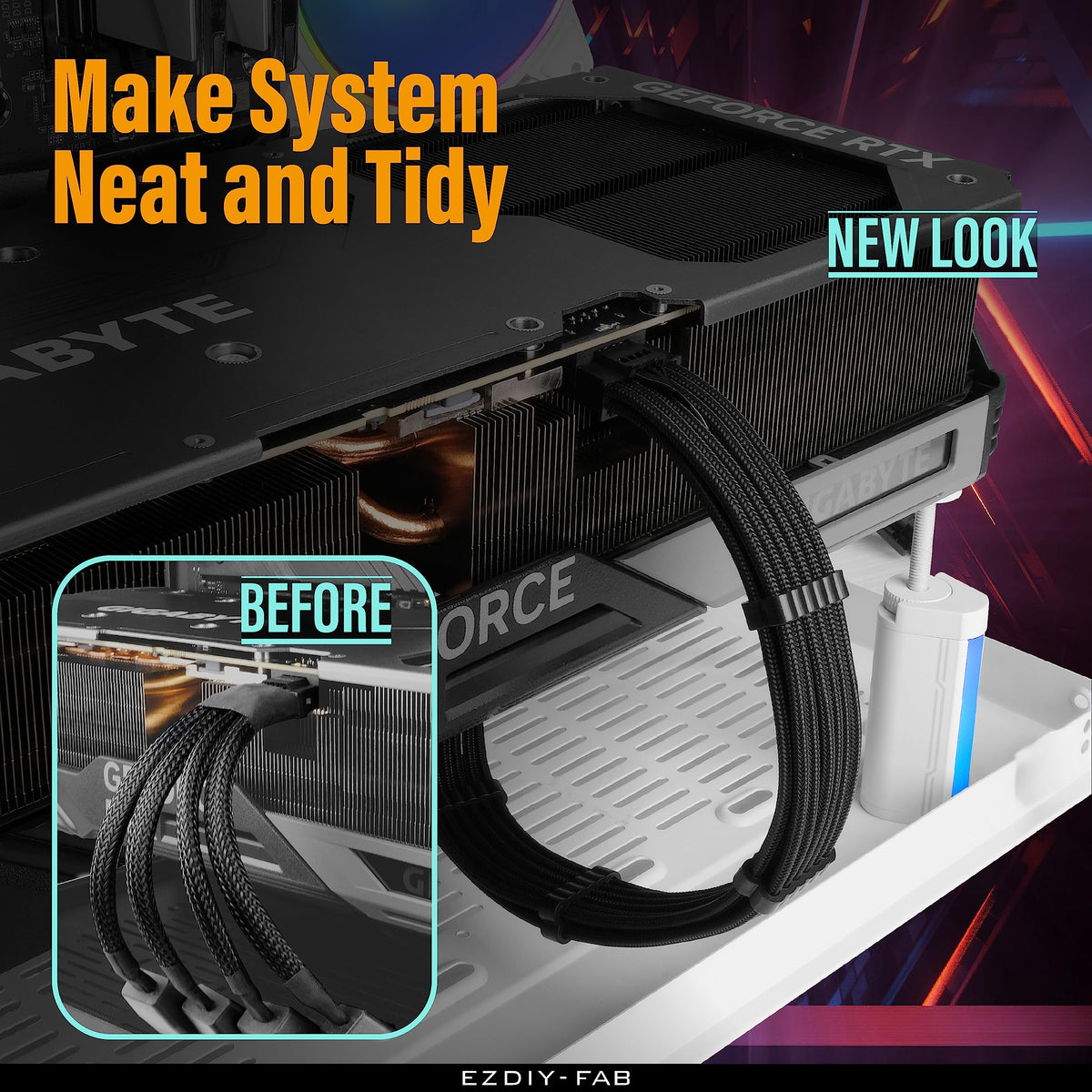 EZDIY-FAB 12V-2x6 GPU power cable close-up, tidy power delivery