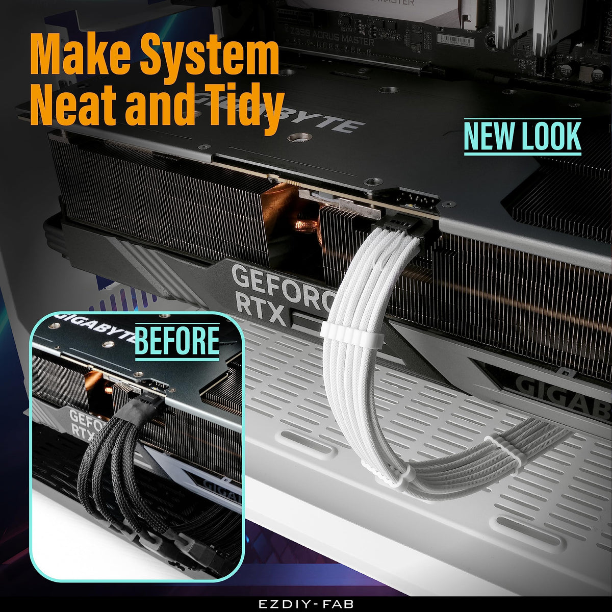 EZDIY-FAB sleeved cable with preinstalled combs for tidy routing.