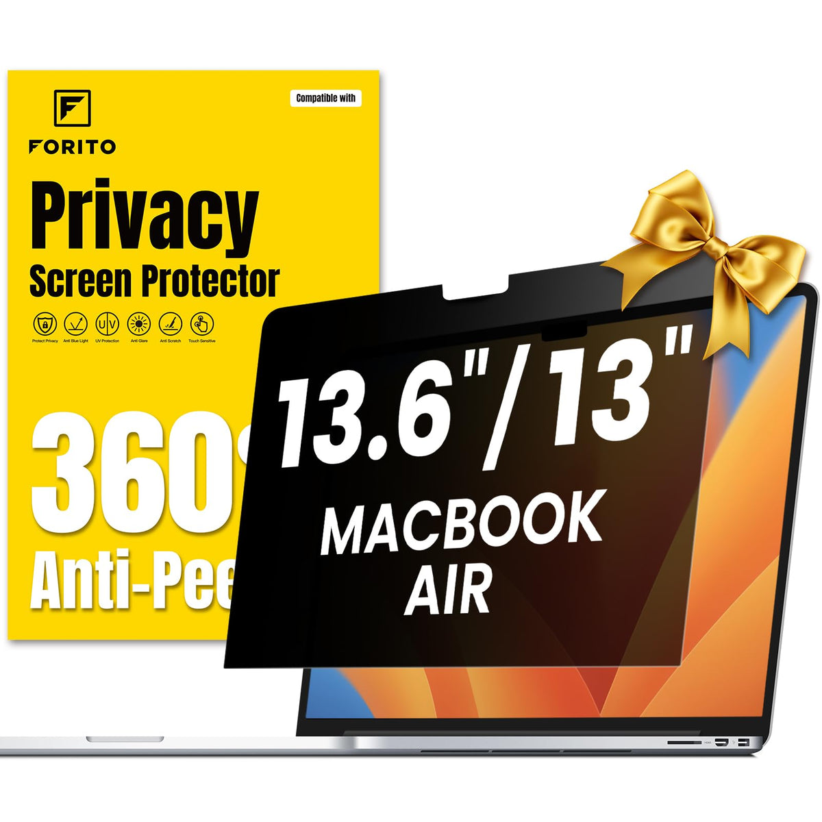 F FORITO 360° privacy screen for MacBook Air front view reduces glare and improves focus.