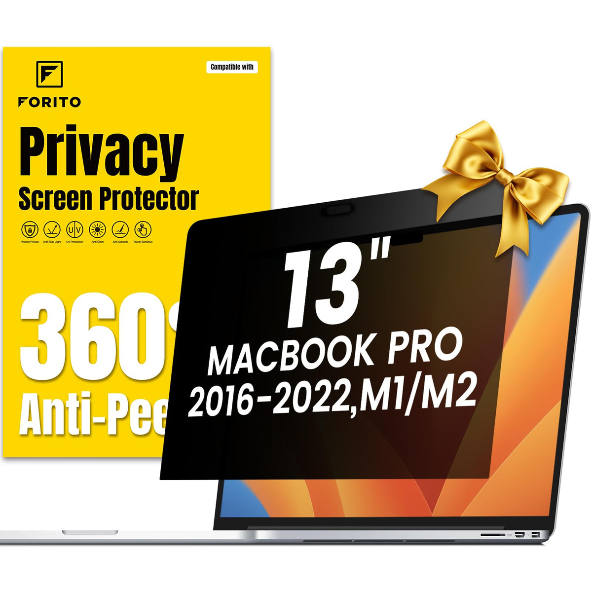 F FORITO 360° privacy screen on MacBook Pro 13, front view for private work.
