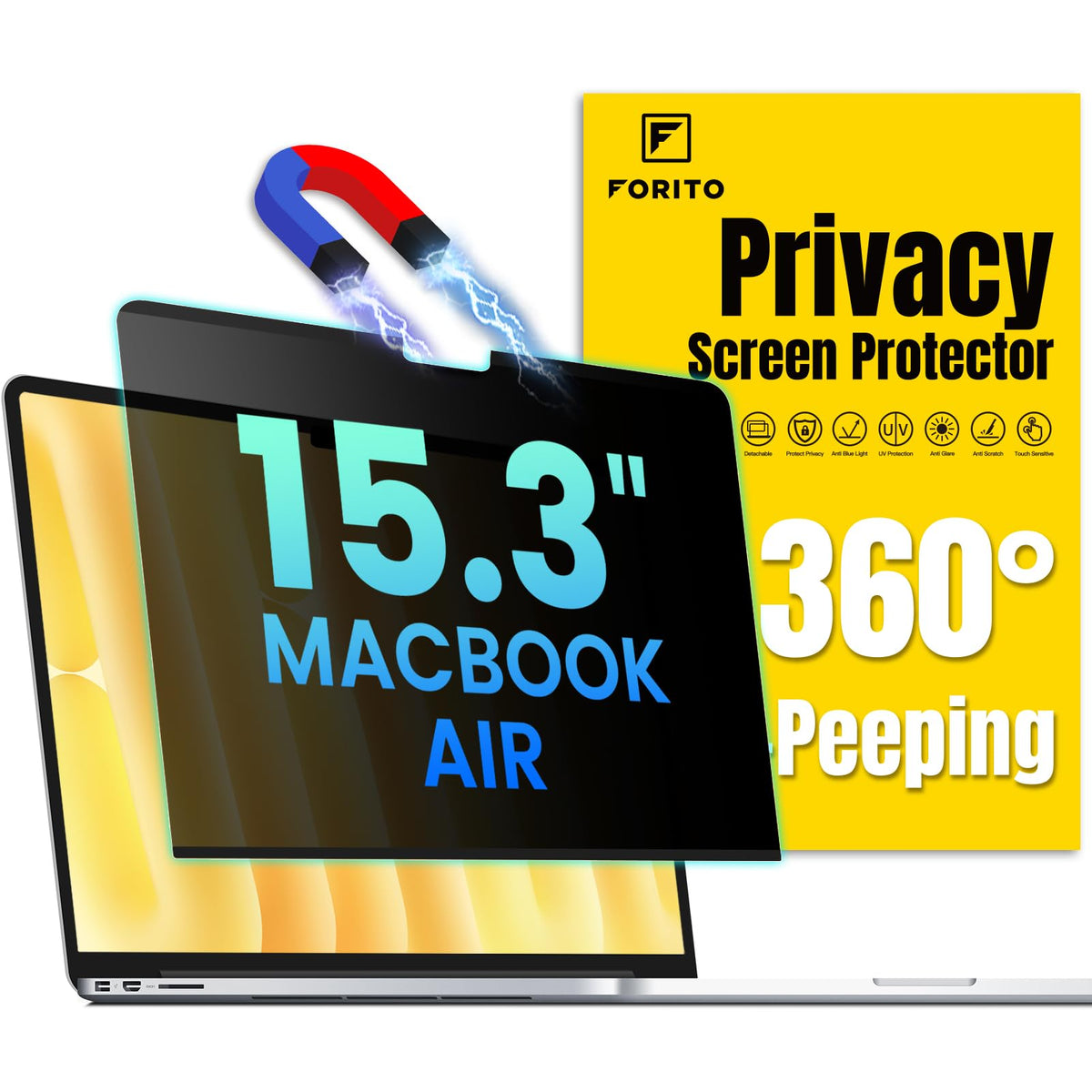F FORITO front view showing full privacy screen protecting MacBook Air