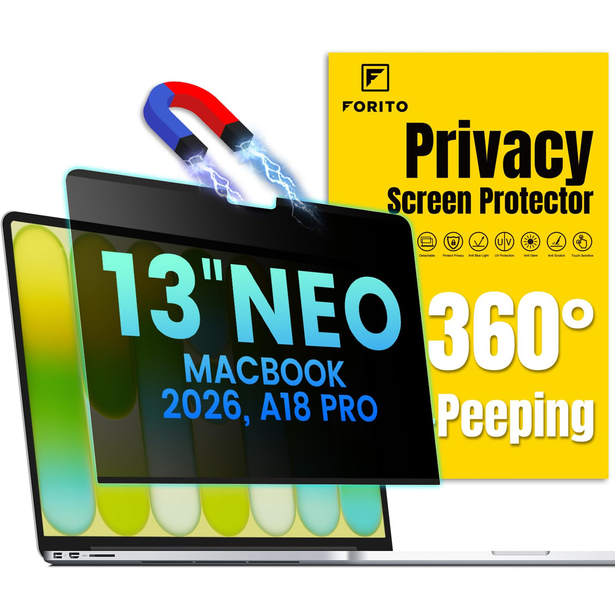 F FORITO front view of privacy screen packaging showing model compatibility and benefits