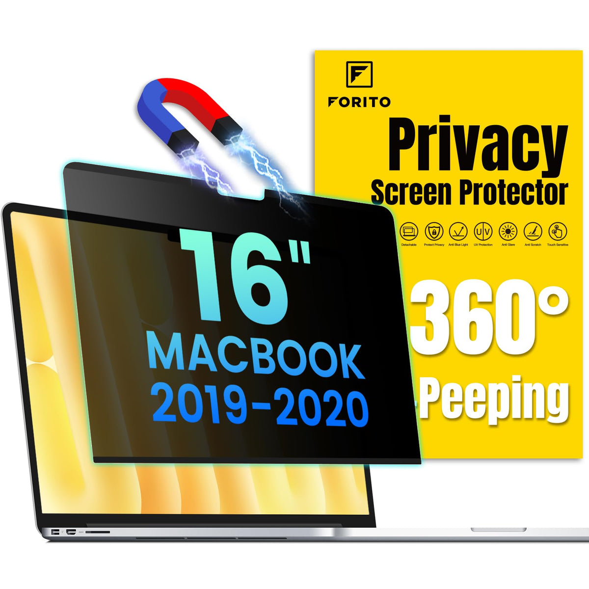 F FORITO front view on MacBook Pro 16 showing complete privacy coverage and protection