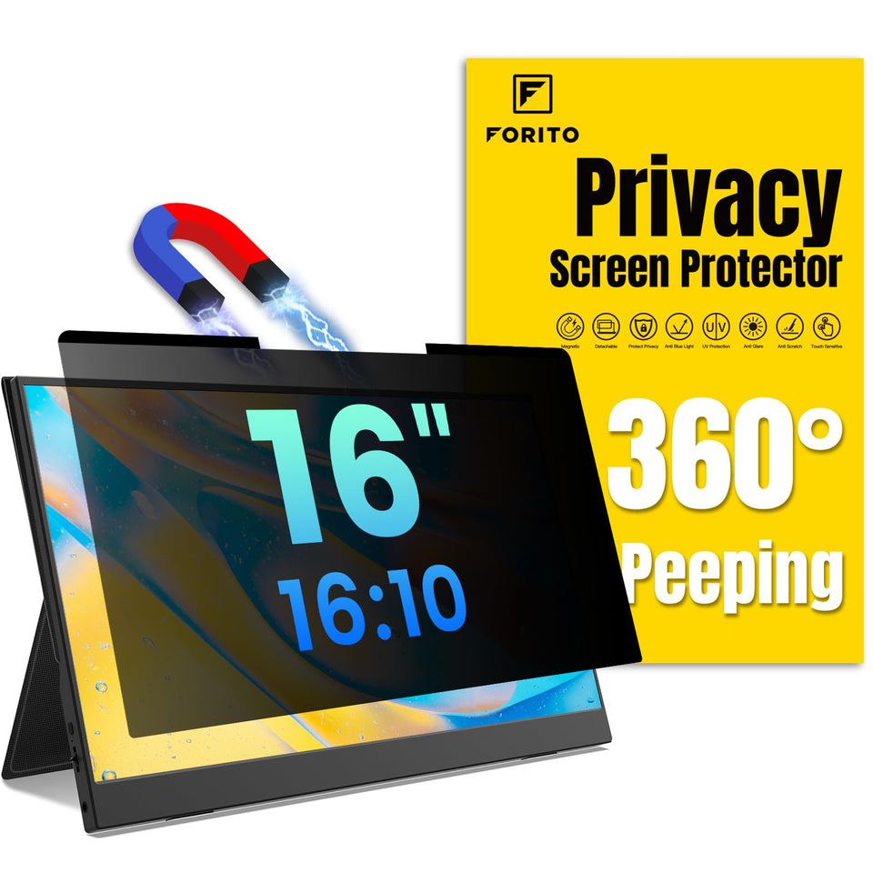 F FORITO front view showing full 16-inch privacy screen and crisp display benefit
