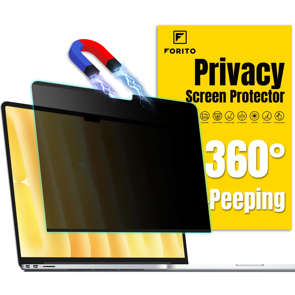 F FORITO front view of packaged privacy screen showing contents and benefit