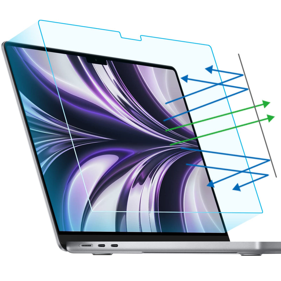 F FORITO screen protector for MacBook Air with blue-light filter reduces eye strain.