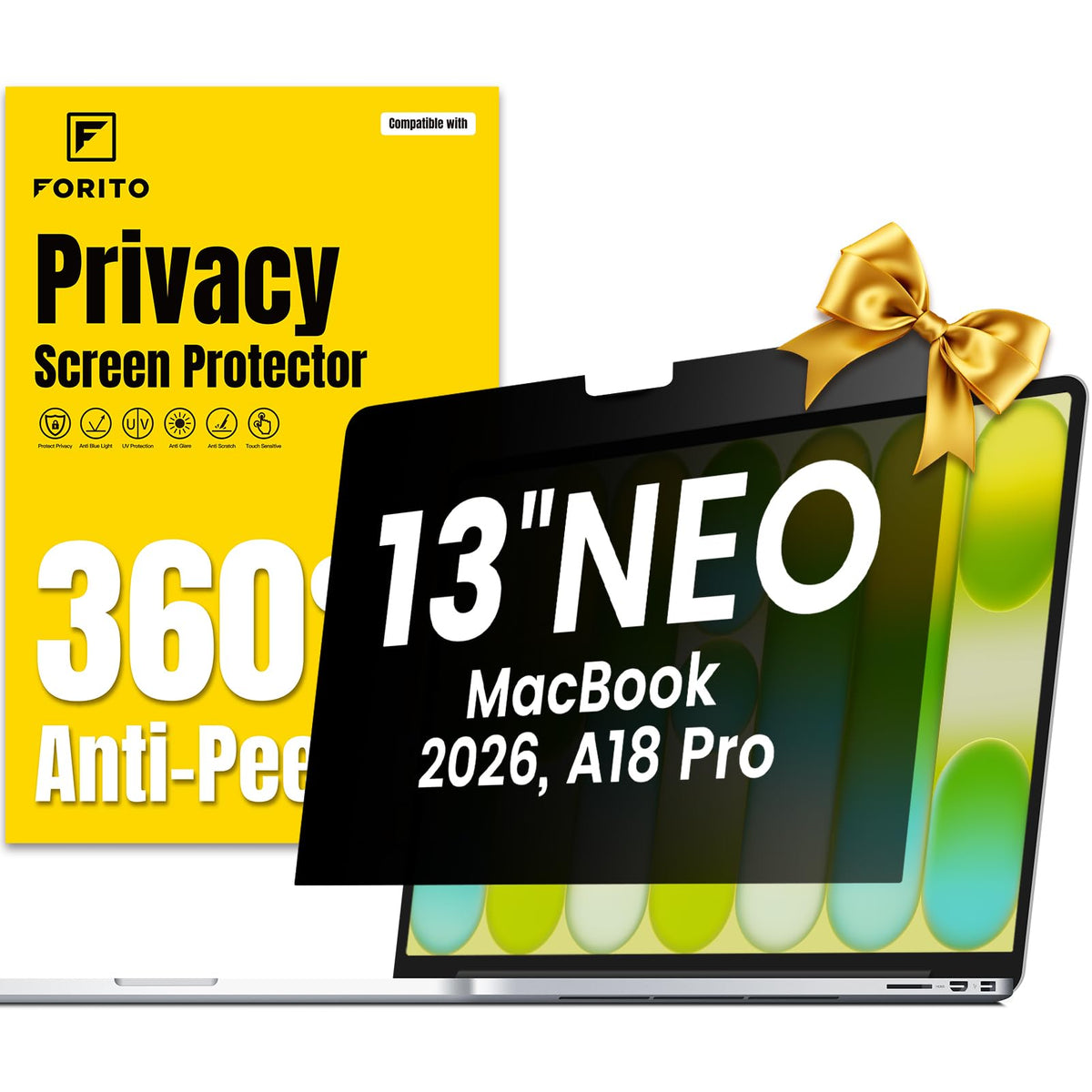 F FORITO MacBook Neo 360° privacy front view for secure, private screen viewing.