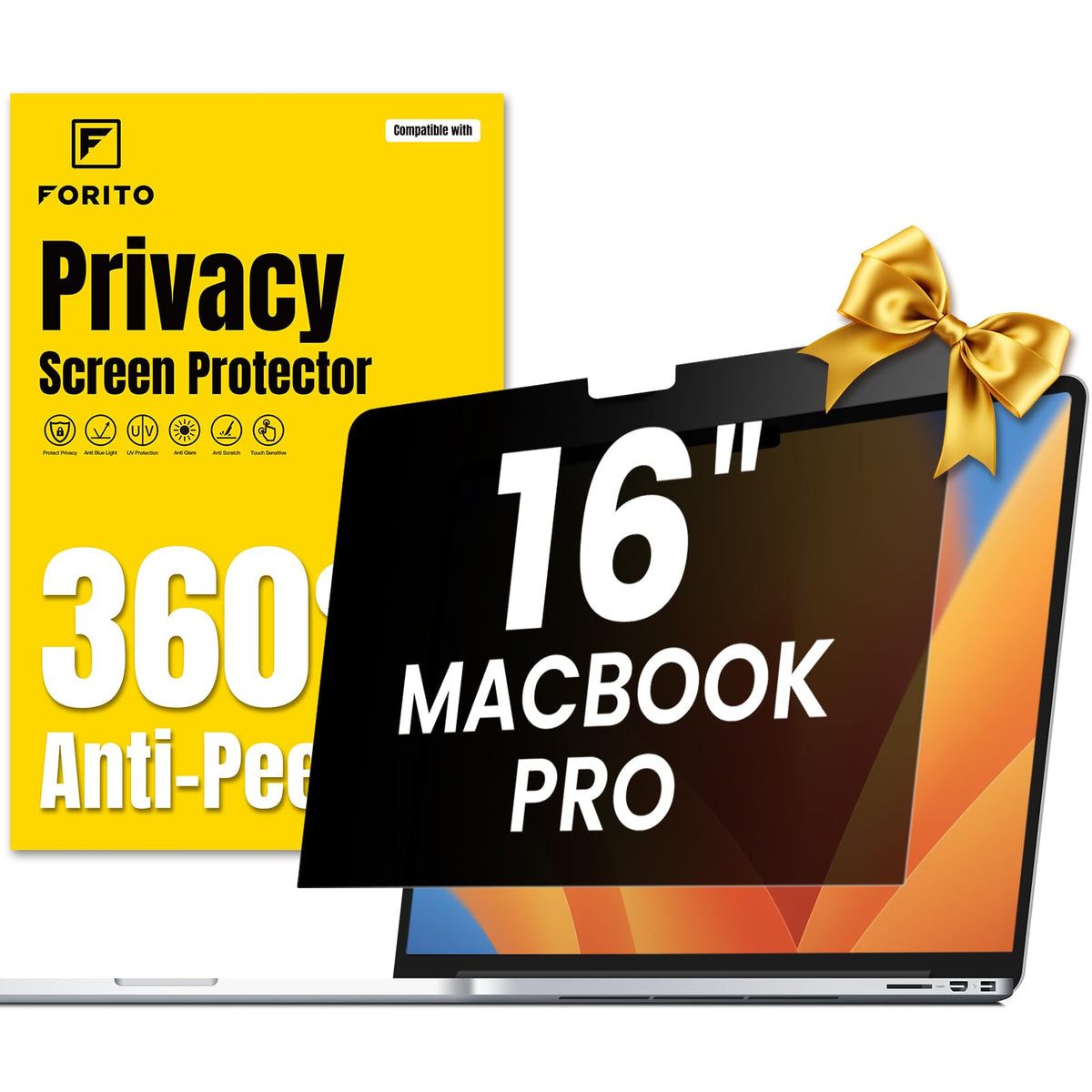 F FORITO MacBook Pro 16 privacy screen front view protects privacy while keeping display clear.