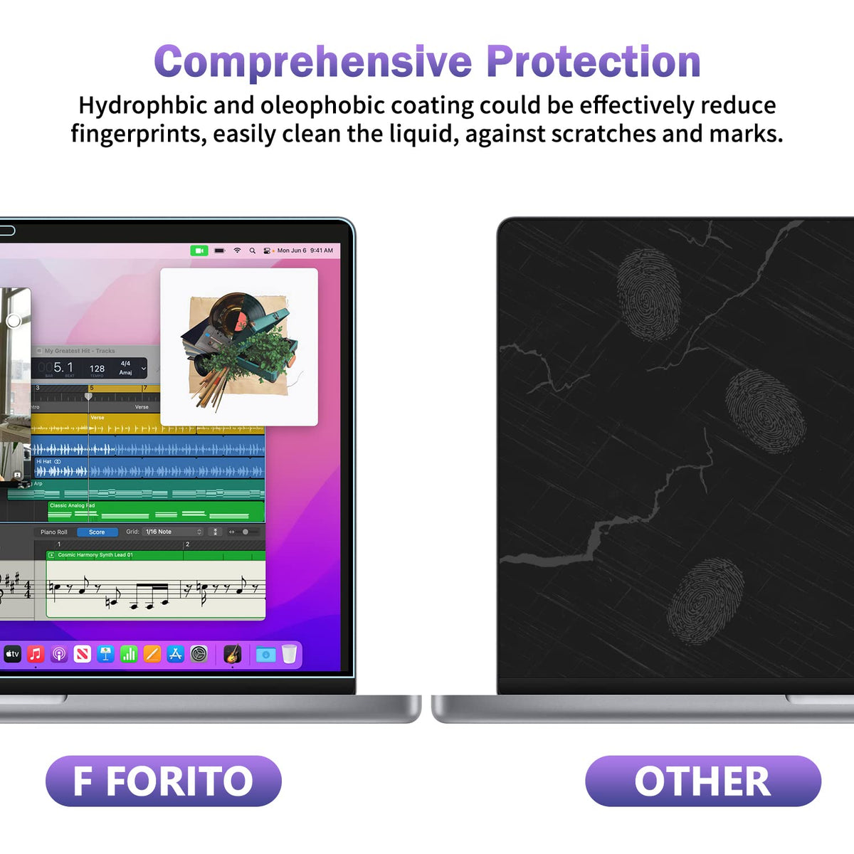F FORITO ultra-thin clear-transmission protector preserves vibrant display quality.