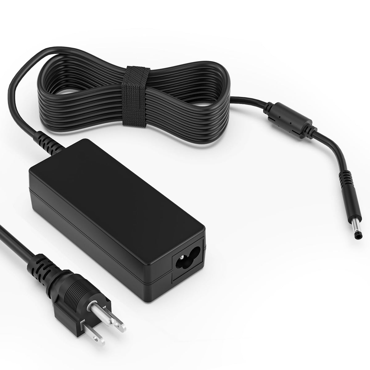 FAATAA 65W Dell small-barrel-tip charger front view powering a laptop