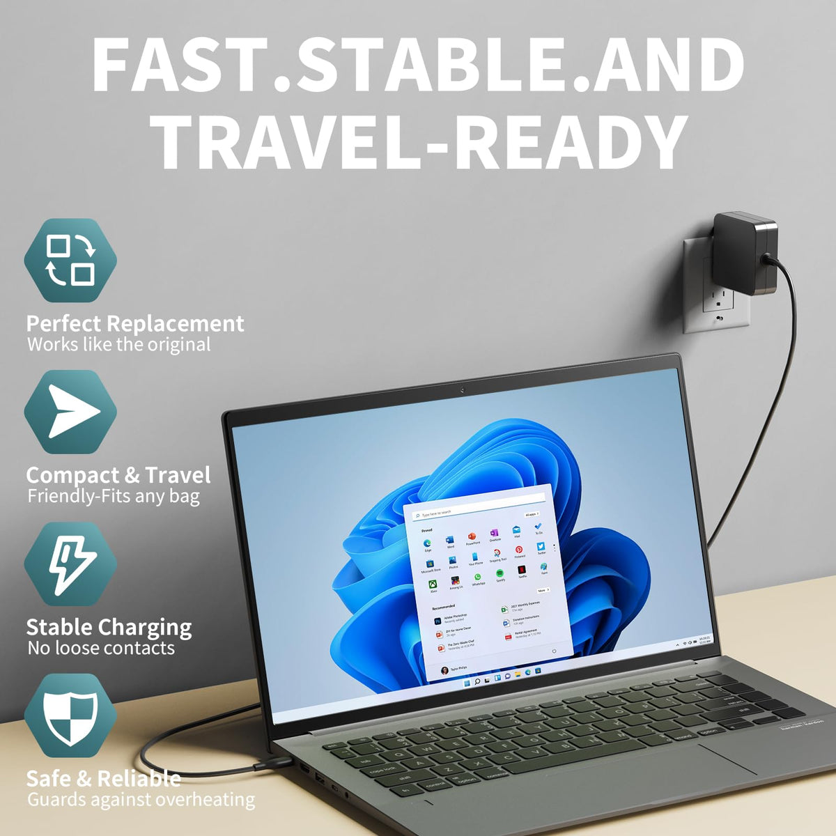 FAATAA 65W USB-C charger featuring a durable cable for daily use and safety.