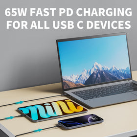 FAATAA 65W USB-C charger with extended cable, reach desks and hotel outlets.