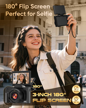FACLAM camera with 180 degree flip screen for selfies and vlogging