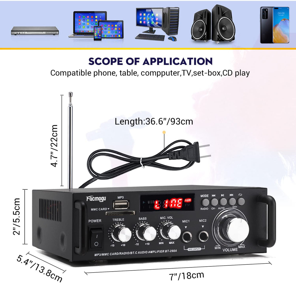 Facmogu 298A Max USB and SD card inputs for music playback