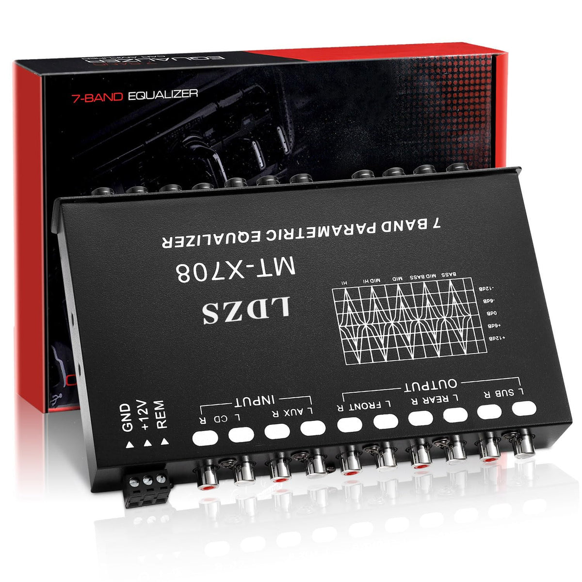 Facmogu 7-band equalizer 12V power design supports vehicle audio setups.