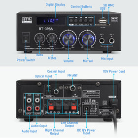 Facmogu BT-398A rear connections with fiber, coax, RCA and speaker terminals