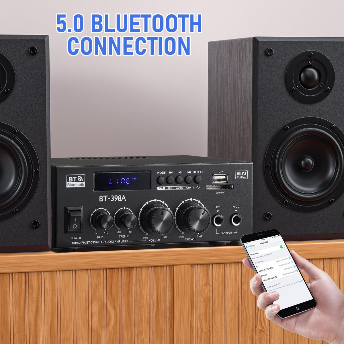 Facmogu BT-398A placed in a living room to show home audio integration benefit