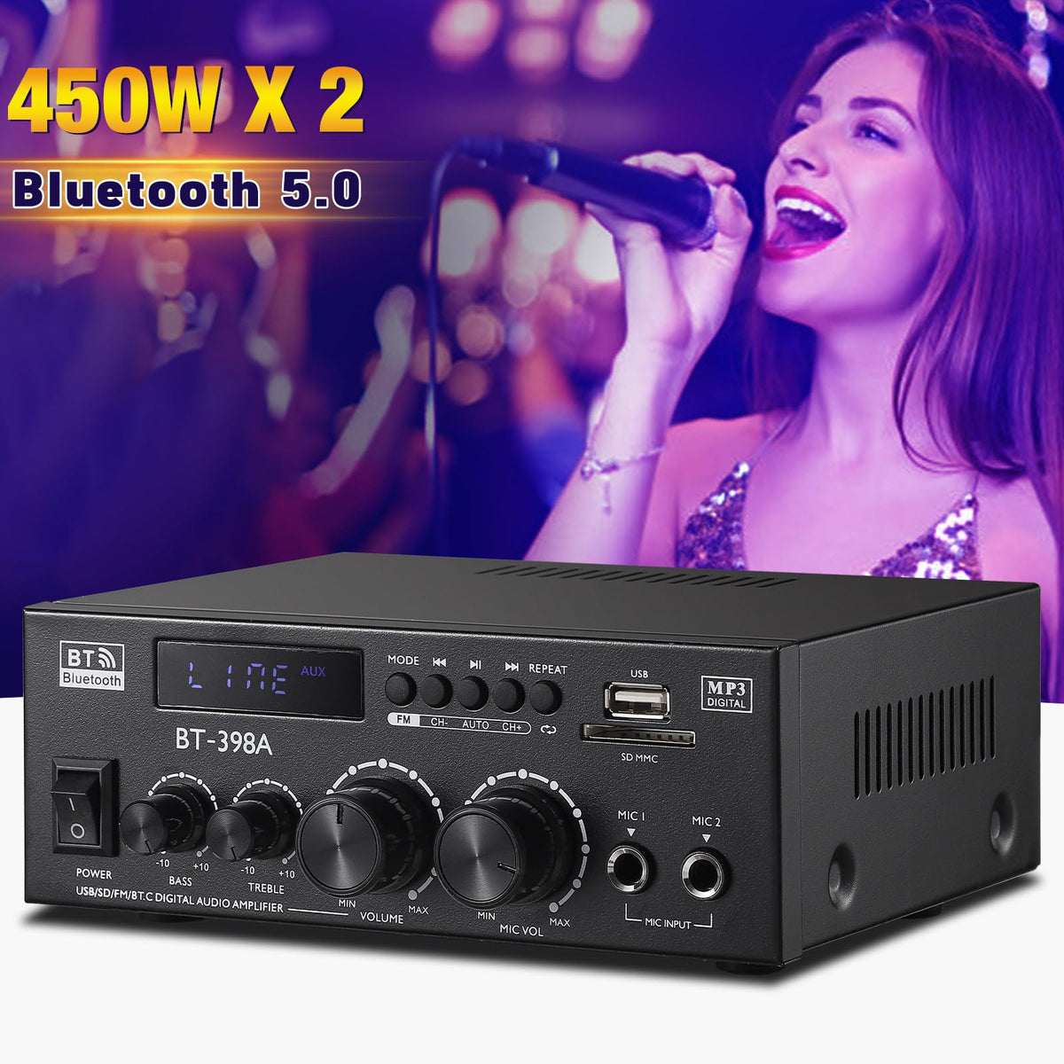 Facmogu BT-398A remote control and front buttons for convenient adjustments