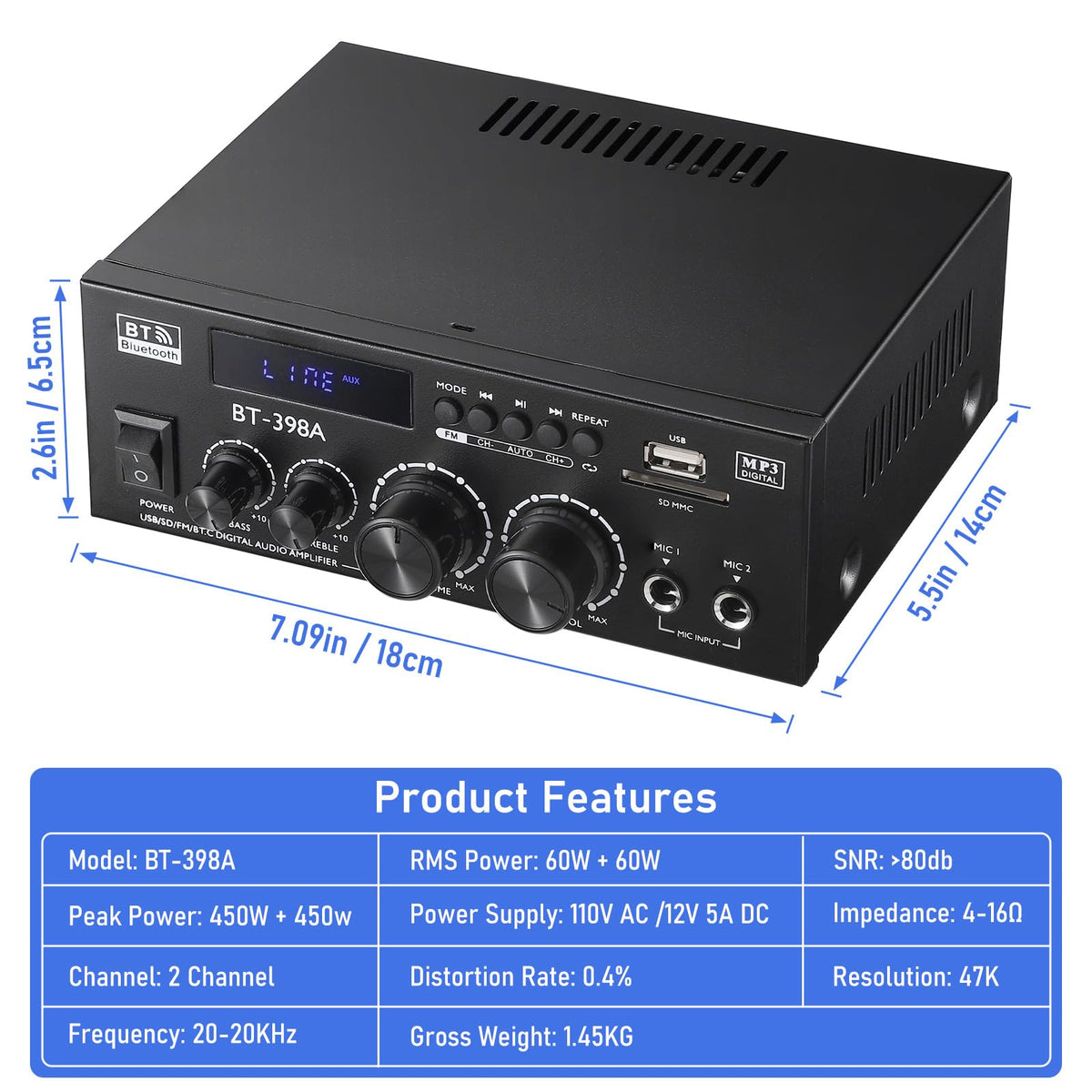 Facmogu BT-398A next to passive speakers to show size and power compatibility