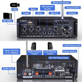 Facmogu BT-298 Pro back-ports demonstrates versatile connections for Bluetooth, RCA, USB.
