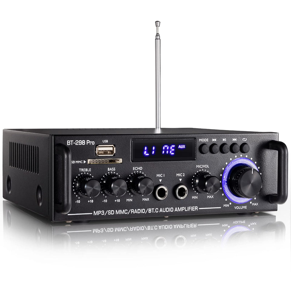 Facmogu BT-298 Pro front panel showing compact power for home karaoke setups.