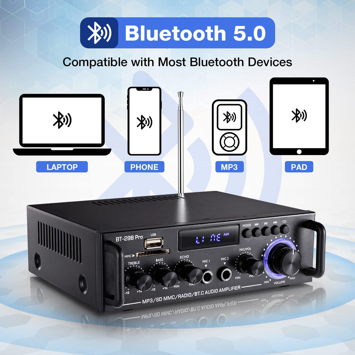 Facmogu BT-298 Pro mic-input shows dual mics for casual karaoke sessions.