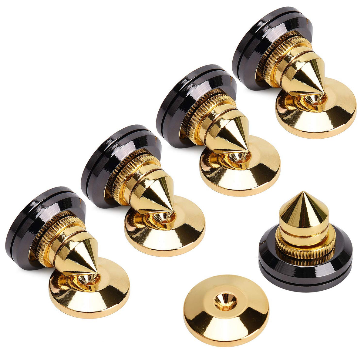 Facmogu golden speaker spikes kit enhances isolation and airflow around a speaker.