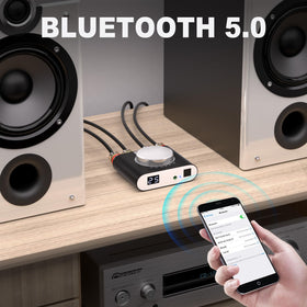 Facmogu M6 connected to passive speakers showing powerful stereo output for room-filling sound