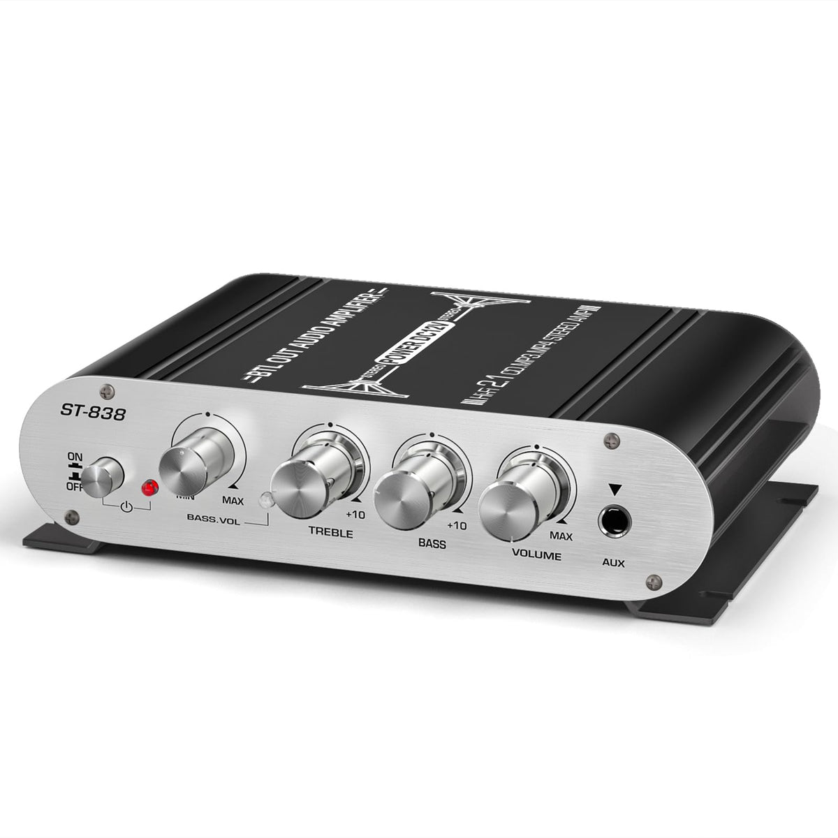 Facmogu ST-838 front view showing compact 2.1 channel amplifier for home audio.