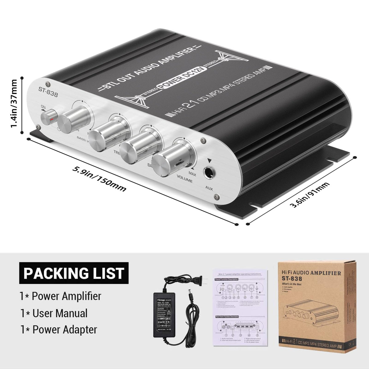 Facmogu ST-838 package includes 12V 3A adapter for quick setup.