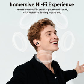 FADCAMELOS charging case with earbuds beside a hand showing portable 36H battery benefit