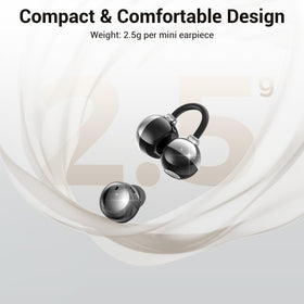 FADCAMELOS lifestyle image running outdoors with clip earbuds showing secure sport fit