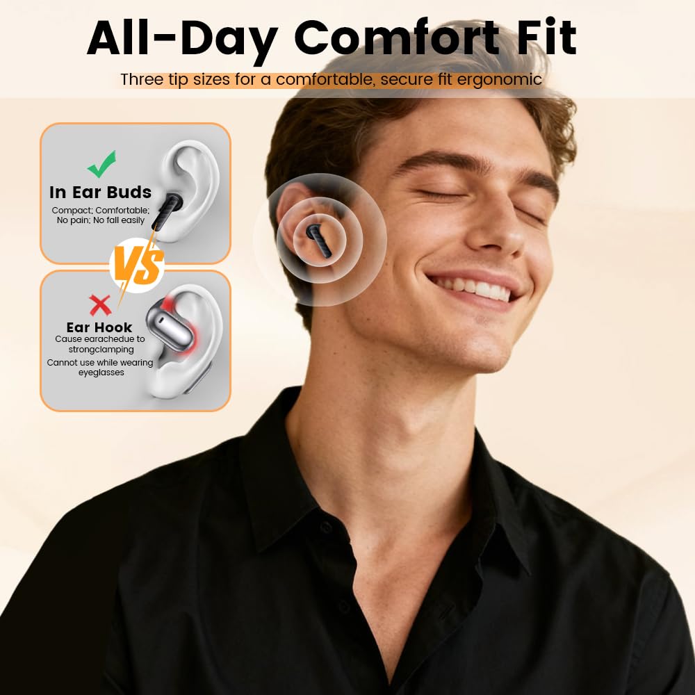 Faifxo earbuds close-up showing ergonomic, all-day fit