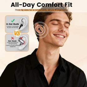Faifxo earbuds close-up showing ergonomic, all-day fit