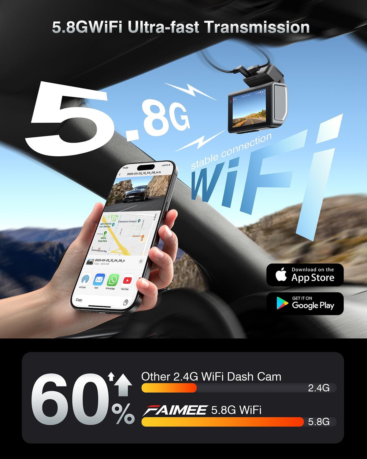 FAIMEE dash cam built-in GPS logs speed and routes for incident verification.