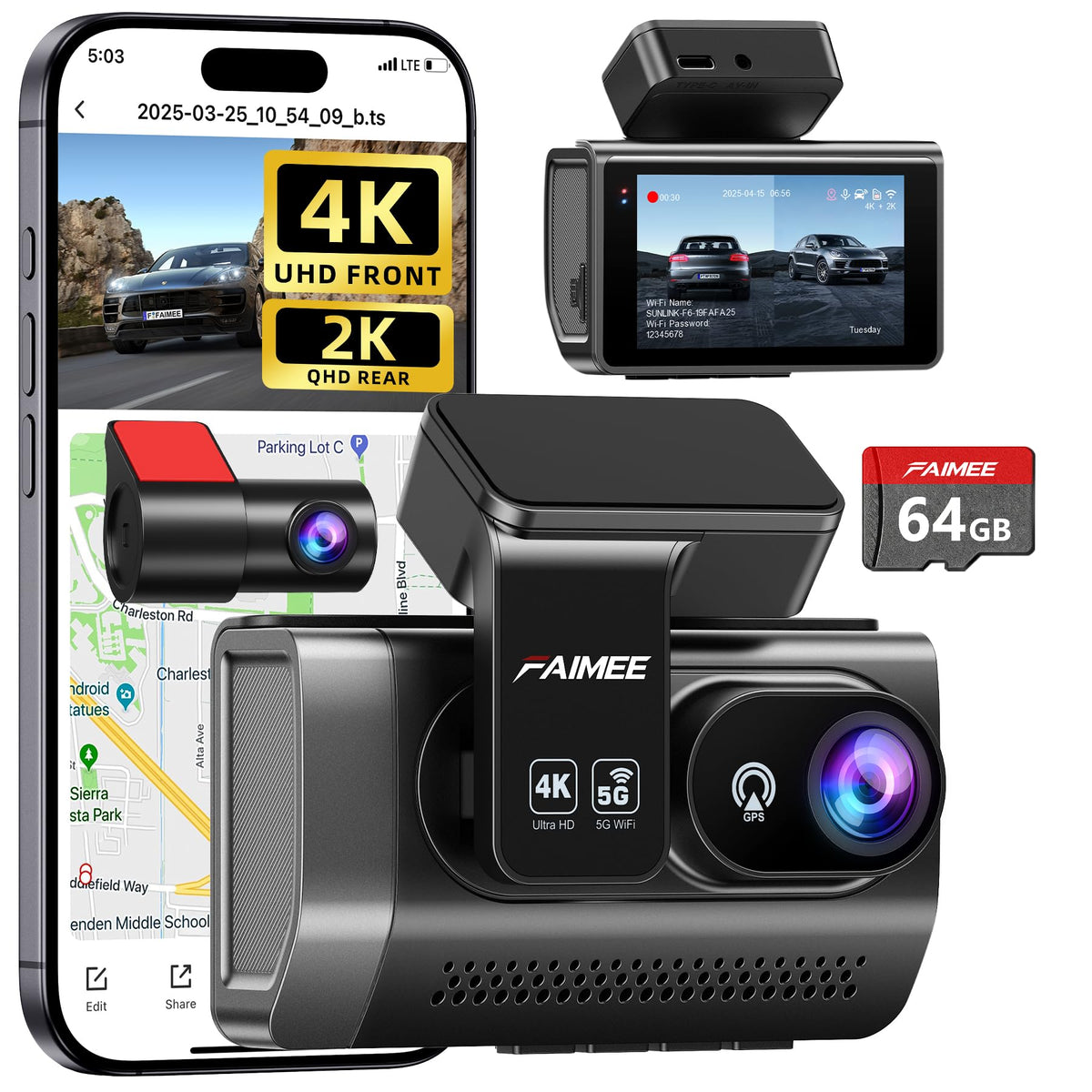 FAIMEE dash cam front 4K footage for crisp driving records.