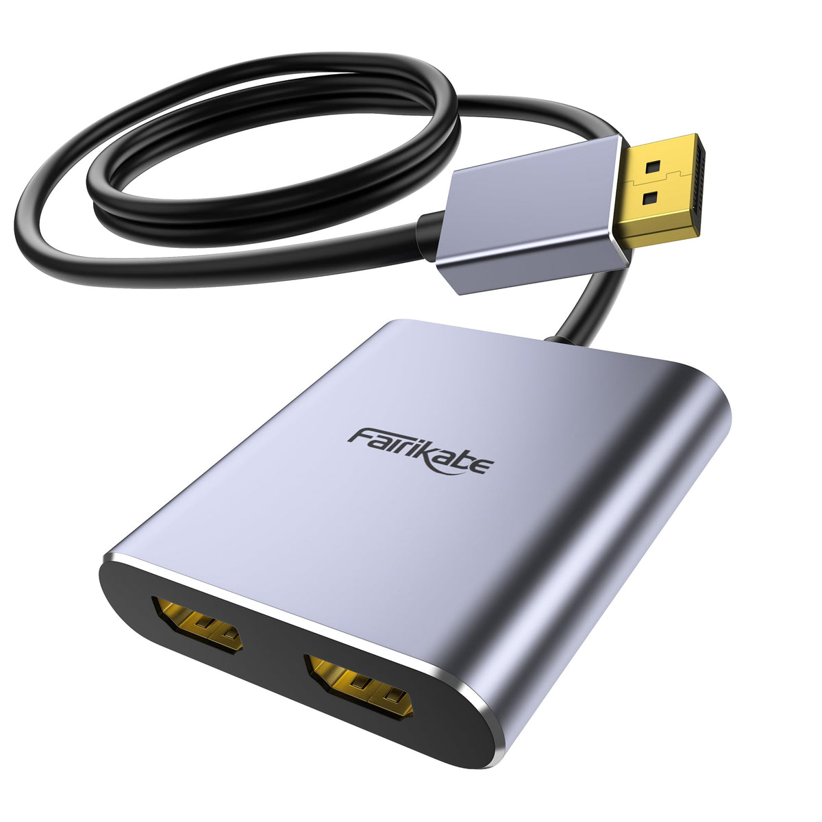 Fairikabe DP dual HDMI adapter front view enabling 4K 60Hz dual-monitor setup