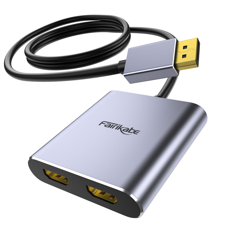 Fairikabe DP dual HDMI adapter front view enabling 4K 60Hz dual-monitor setup