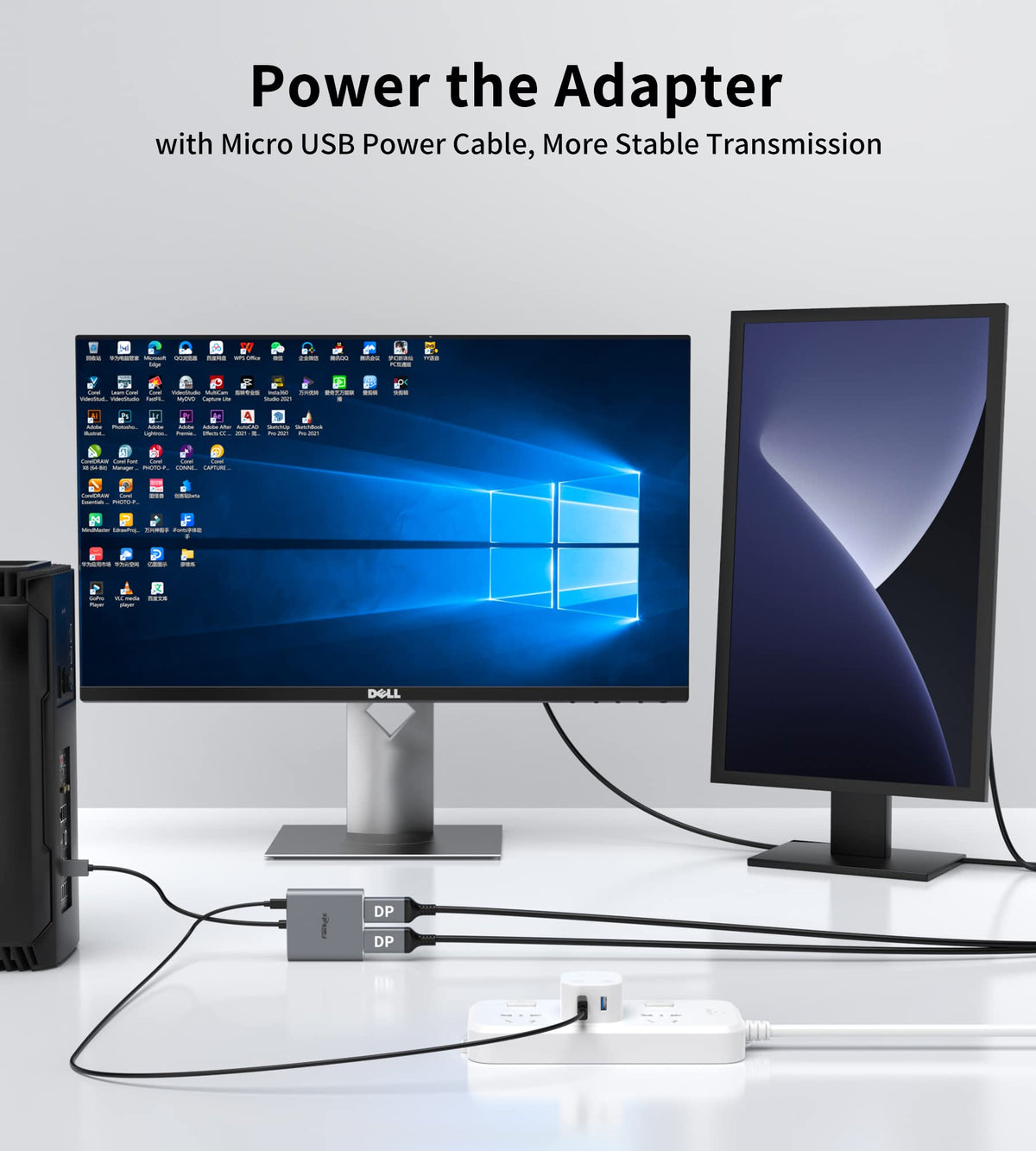fairikabe adapter in use driving two monitors on a workstation for expanded desktop