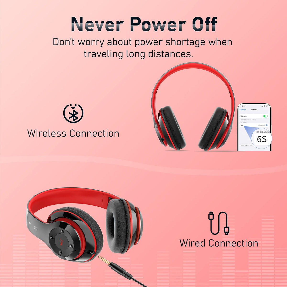 Falebare in wired mode with 3.5mm cable for uninterrupted listening