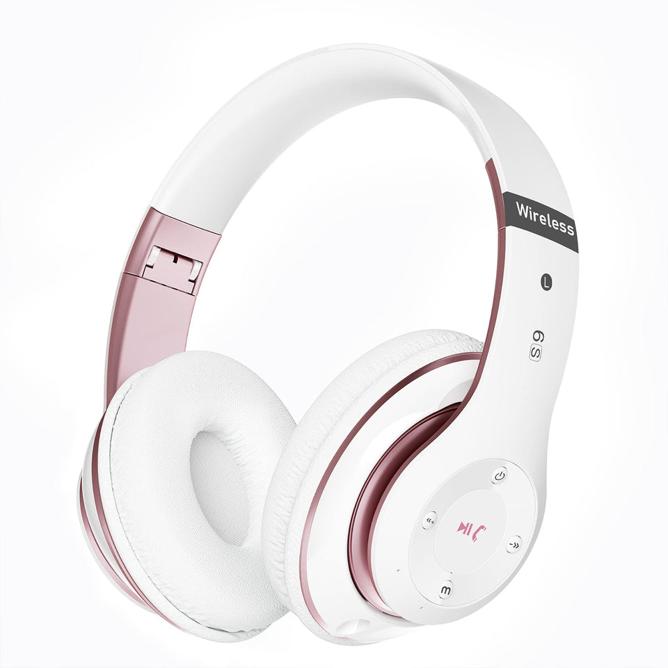 Falebare over-ear headphones front view in white and rose gold for immersive listening.